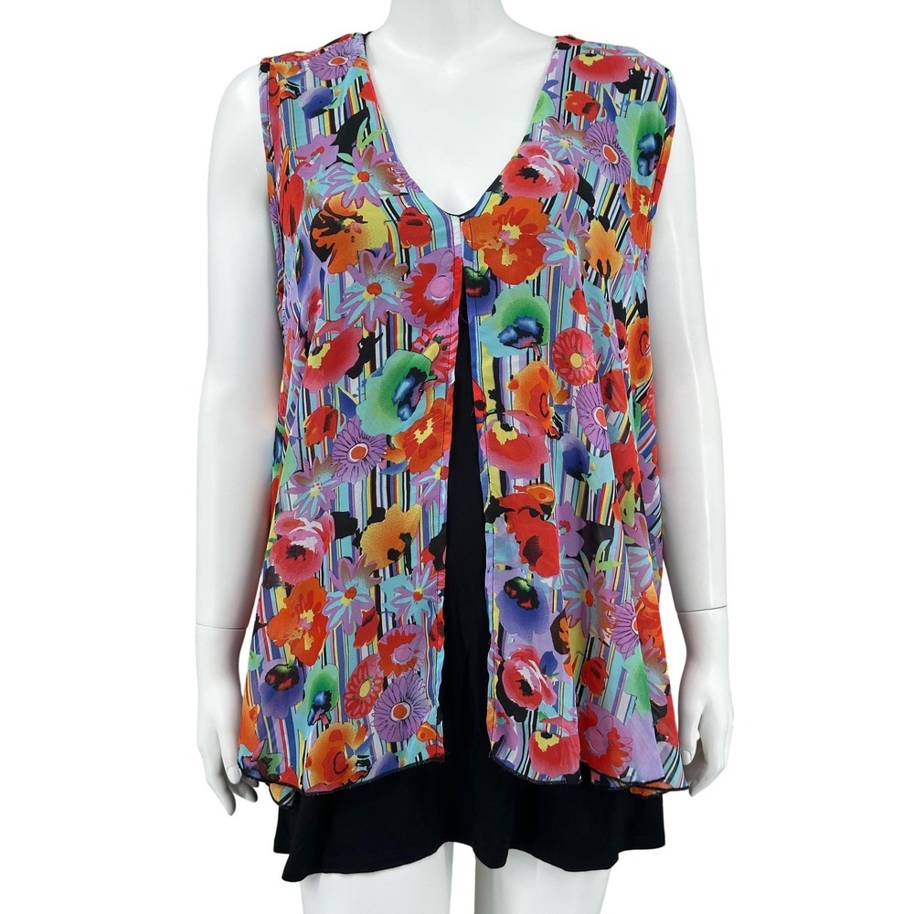 Cha‎ Cha Vente Top Womens 3X Floral Sleeveless Layered Artsy Colorful Abstract
